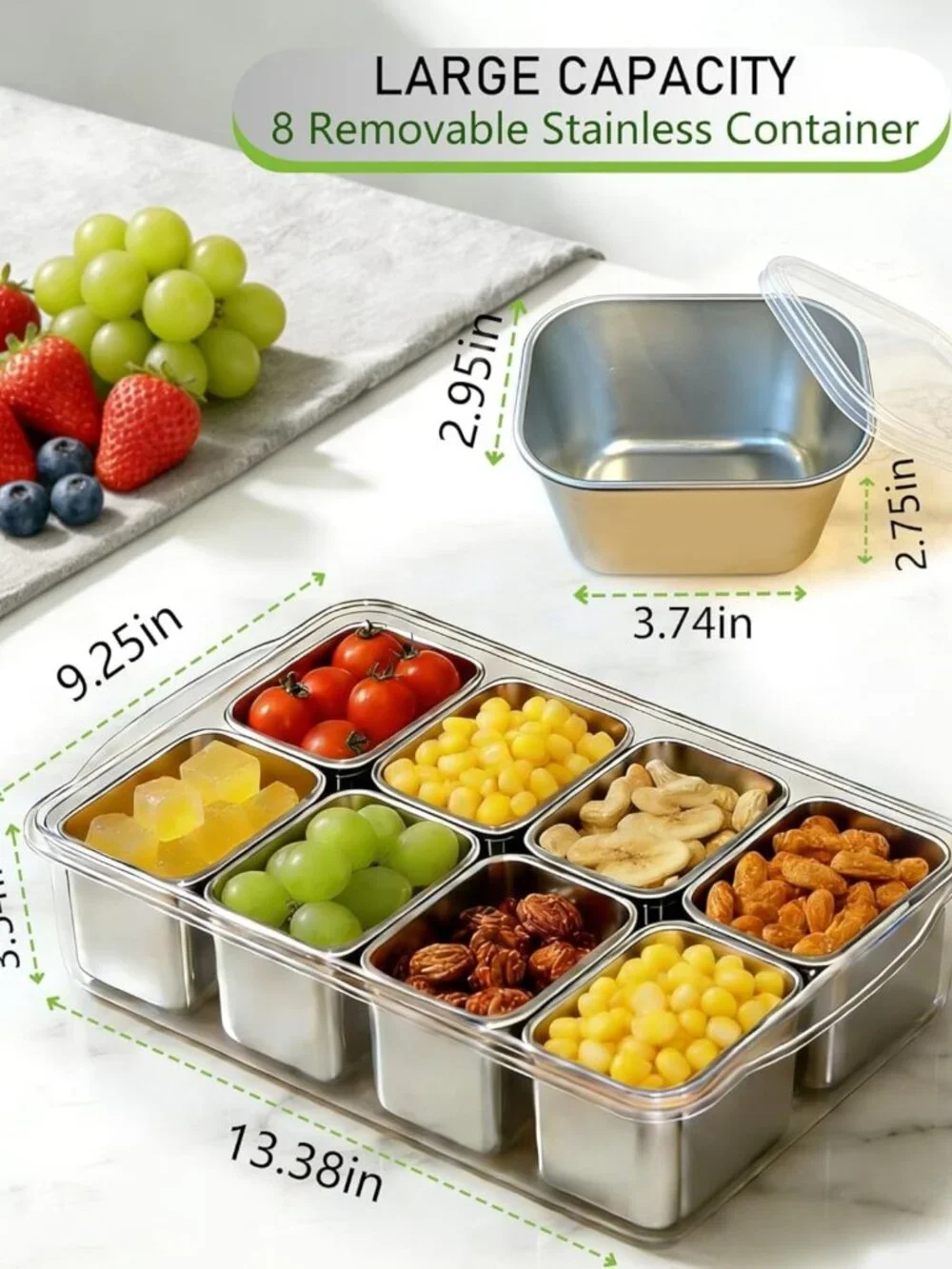 Large Stainless Steel Snack Tray with Lid & Handle - 8-Compartment Serving